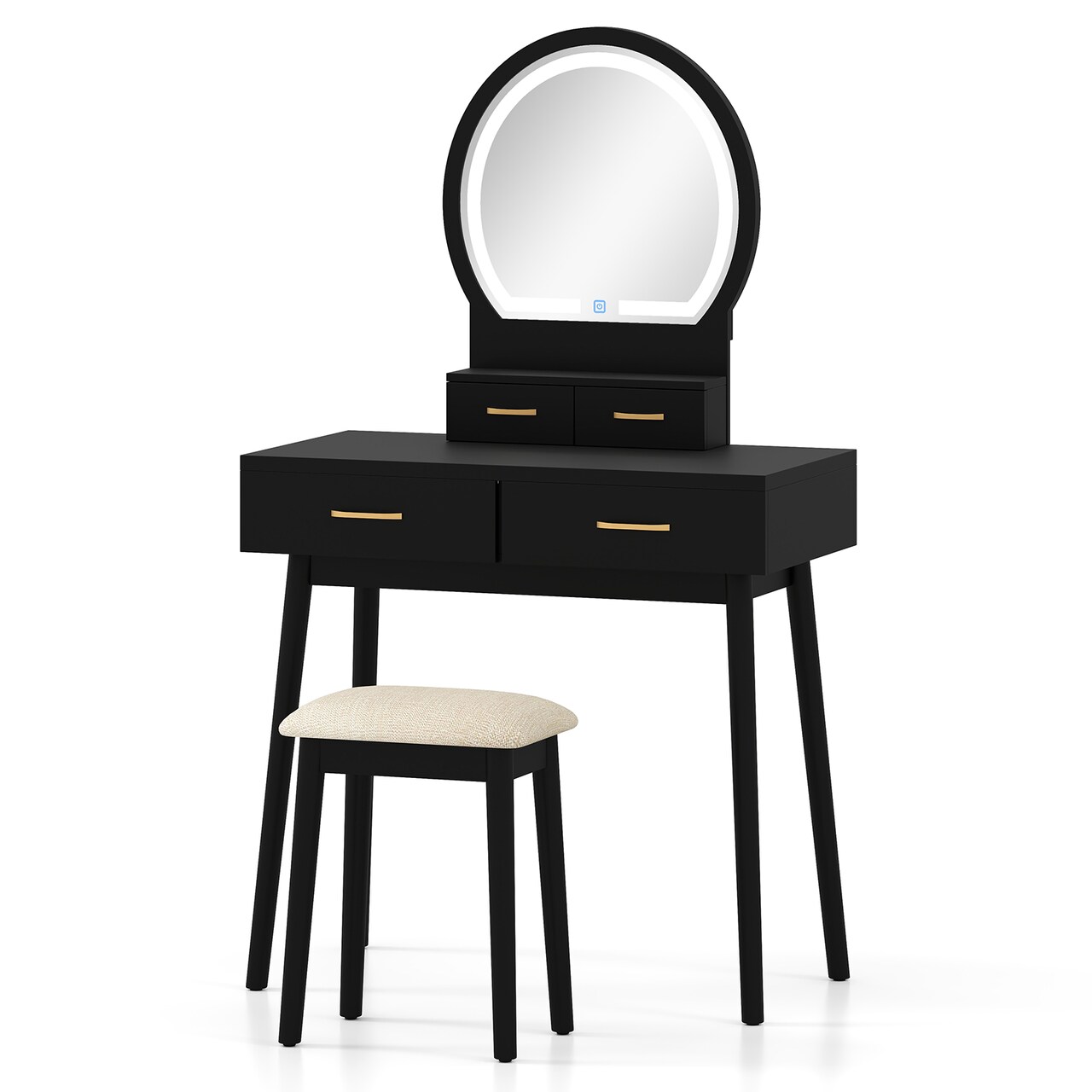 Wood MDF Vanity Table with LED Mirror, Storage Drawers and Stool